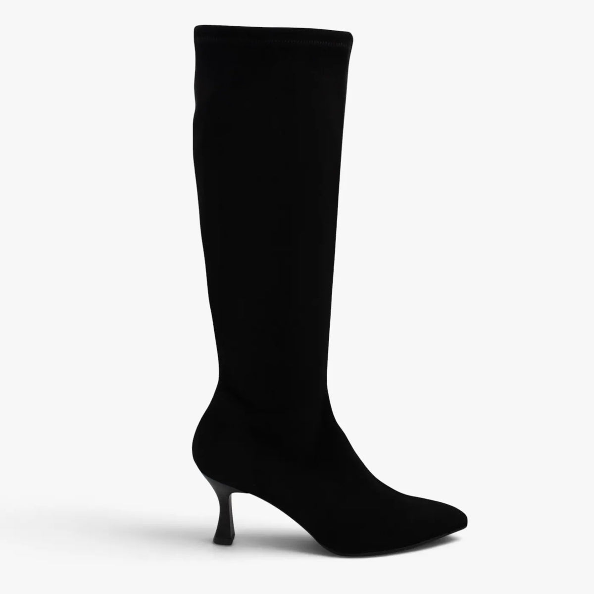 Side profile of the Miss Elastic Zeta black knee high boot, showing the pointed toe and flared heel.