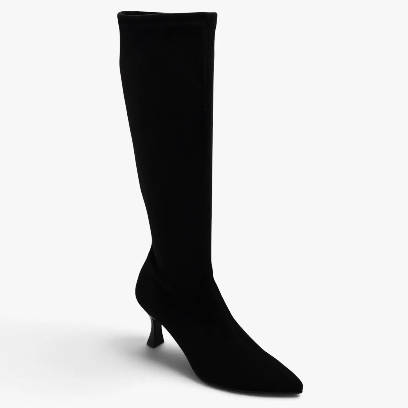 Miss Elastic Zeta black suede-effect knee high boot shown at a three-quarter angle.