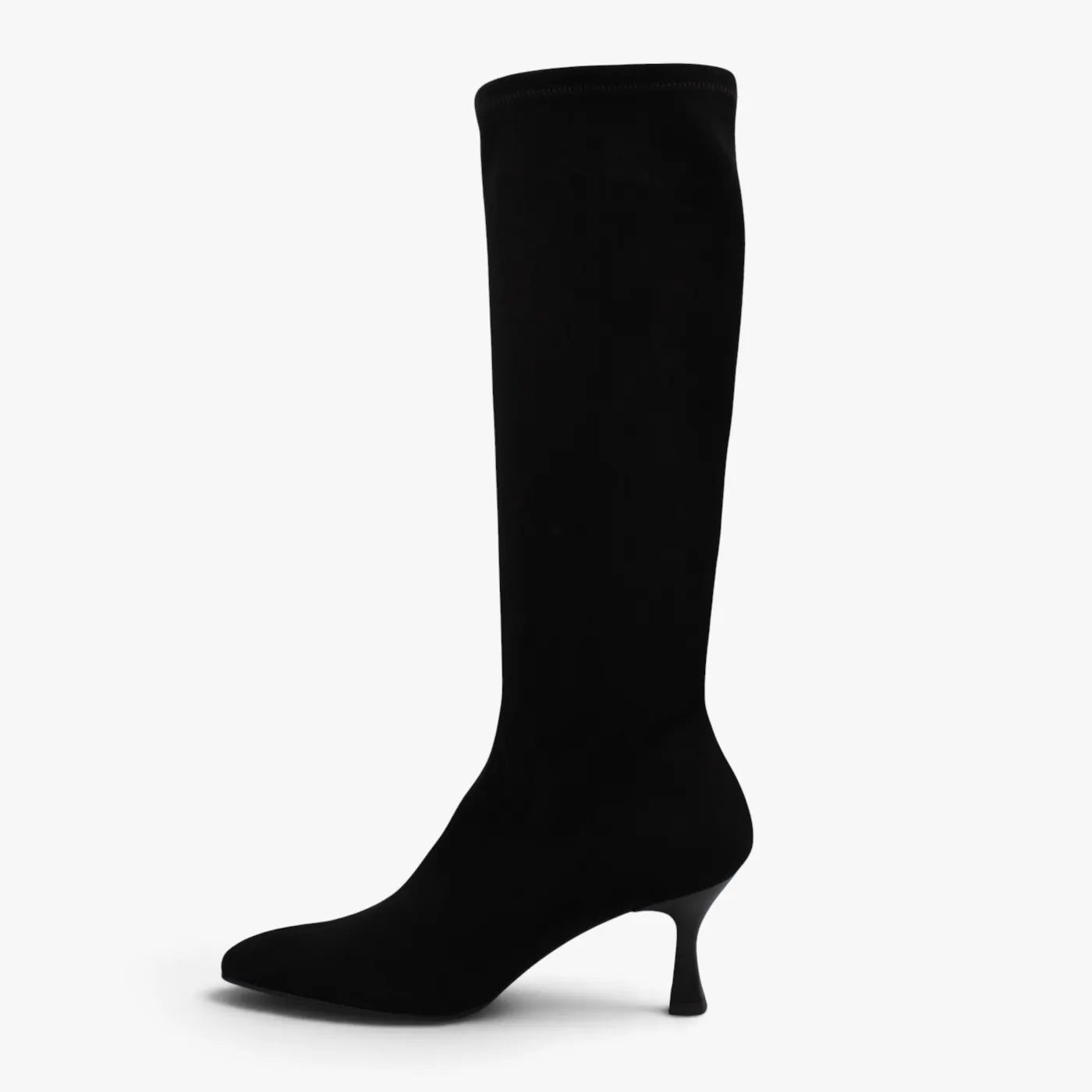Opposite side profile of the Miss Elastic Zeta black stretch knee high boot.