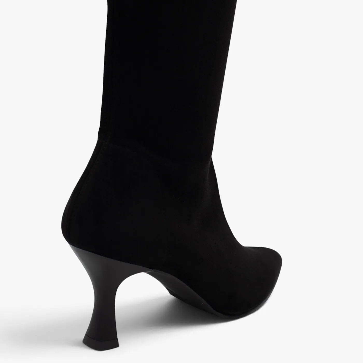 Close-up of the black flared heel and rear seam on the Miss Elastic Zeta knee high boot.