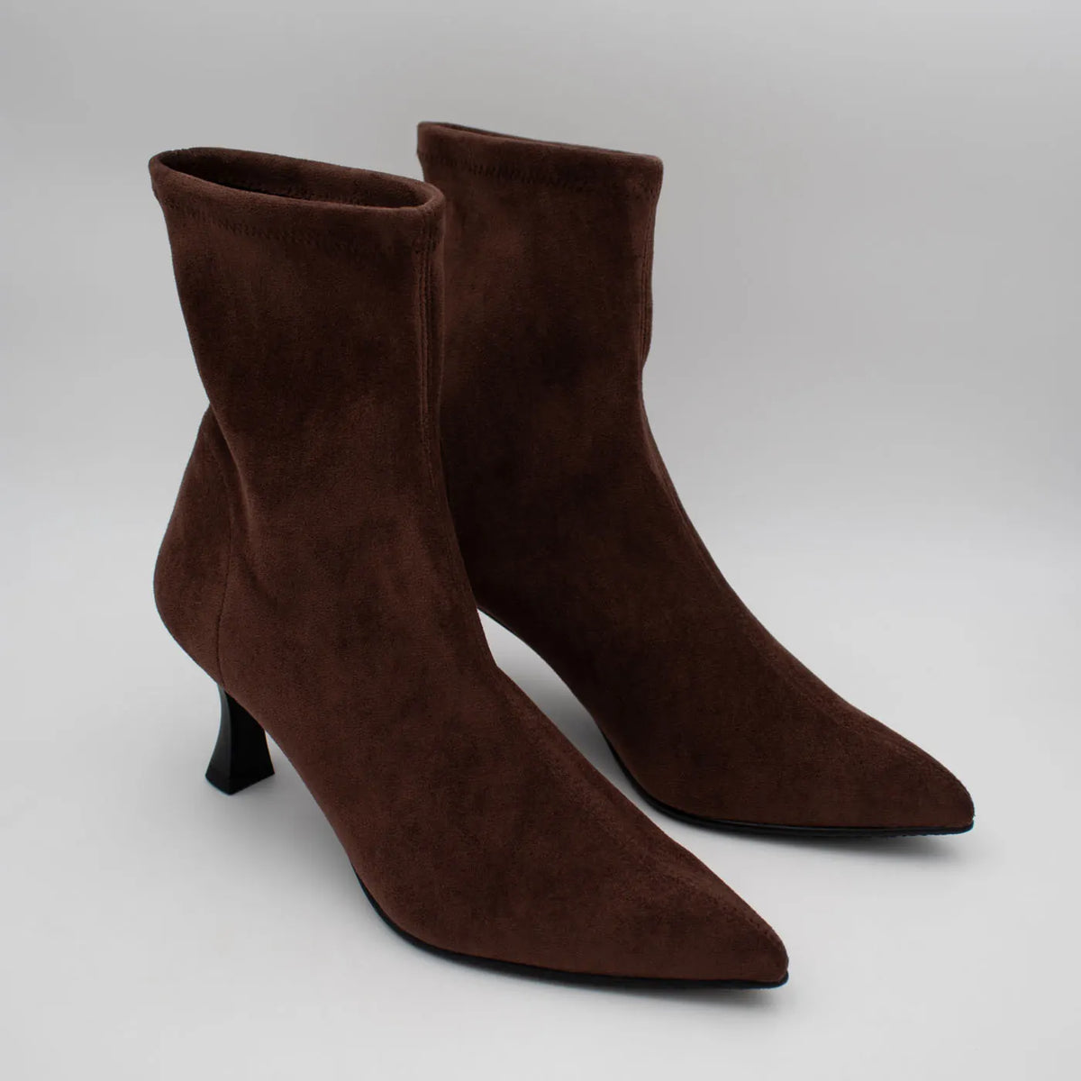 A pair of Miss Elastic Zeta brown suede-effect ankle boots shown at a three-quarter angle.
