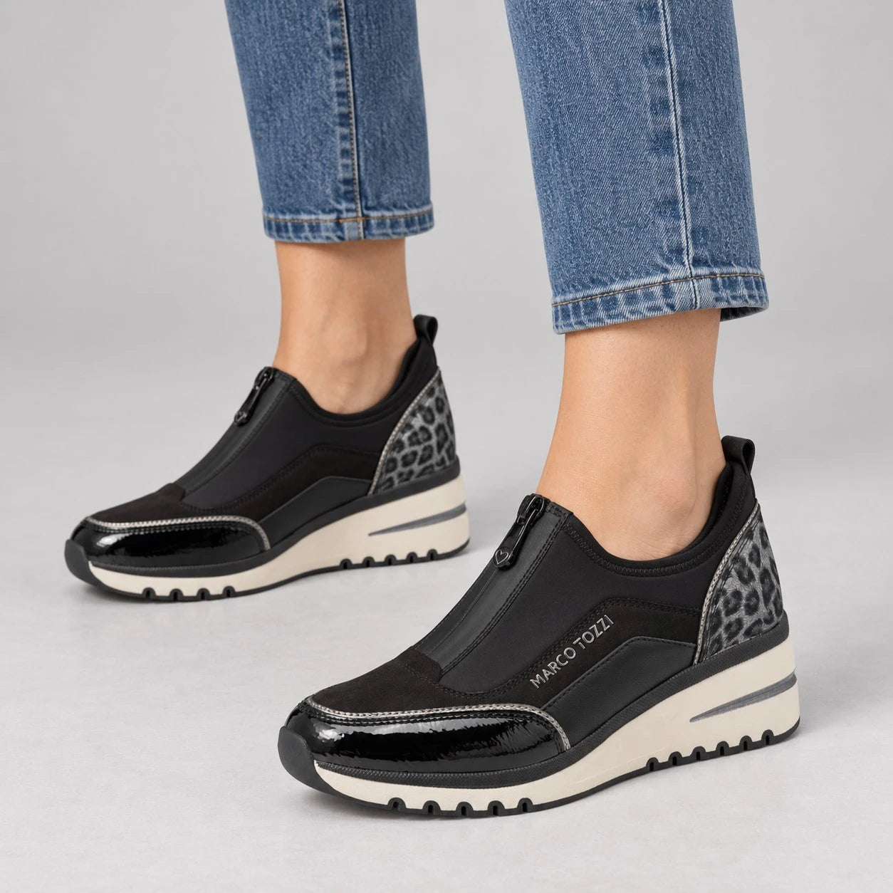 Marco Tozzi Black Leopard-Detail Wedge Trainers