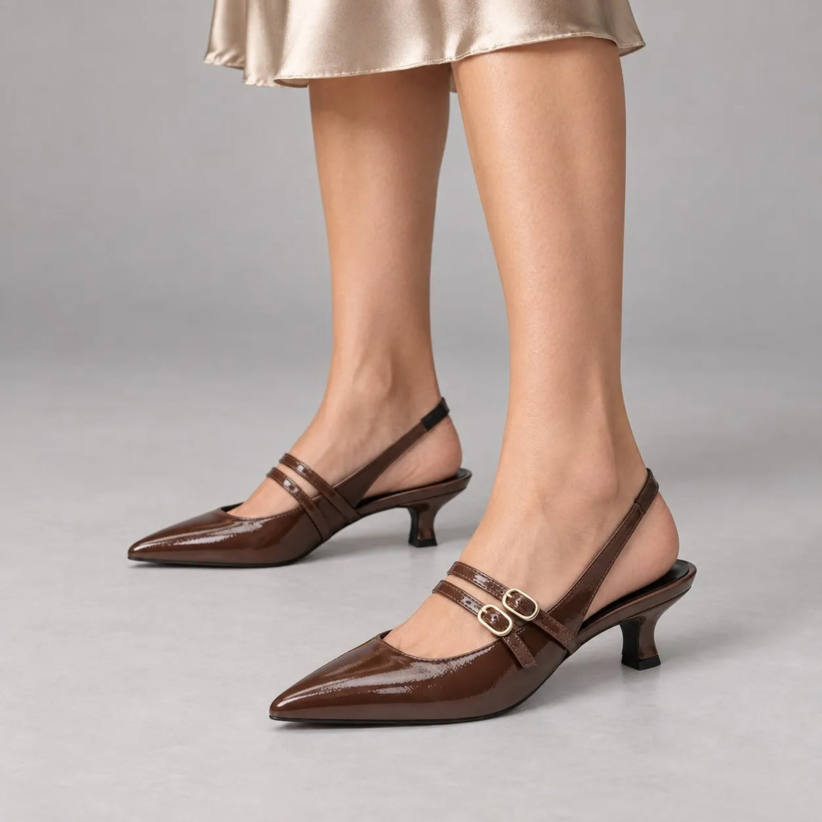 Marco Tozzi Brown Patent Kitten Heel Slingbacks