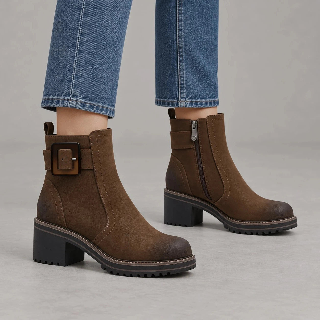A pair of women's brown suede ankle boots with a side zipper and a decorative buckle strap, shown on a model wearing blue jeans against a neutral gray background.