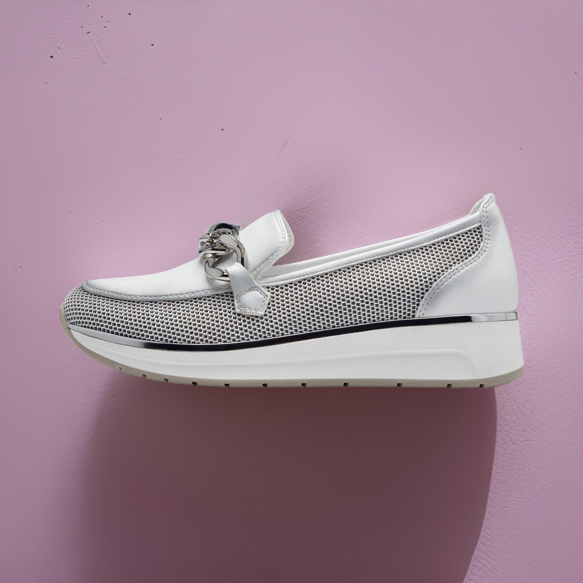 Marco Tozzi White Loafer with Silver Chain Detail and Wedge Sole