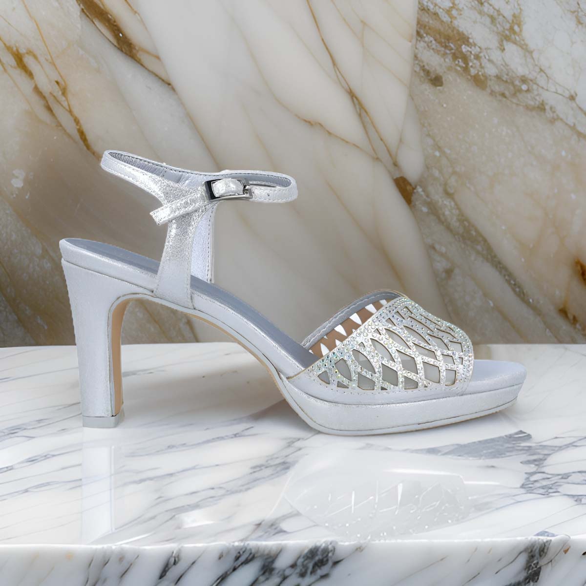 Menbur Silver Platform Sandal with Diamante Strap