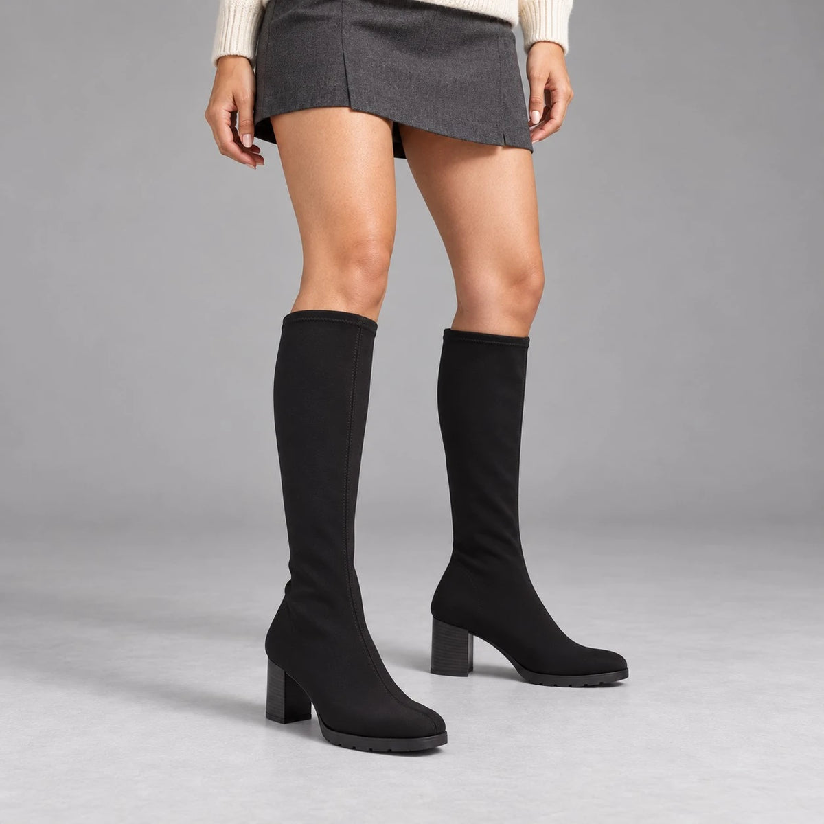 Miss Elastic Black Lycra Stretch Knee-High Boots