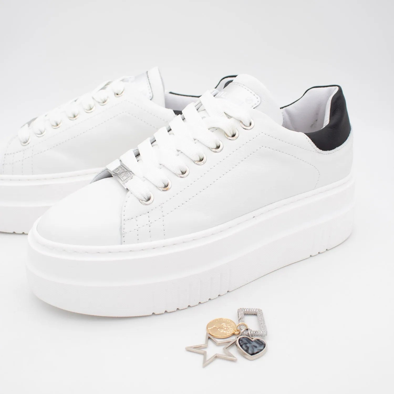 Meline White Platform Trainers with Charm Detail - Leavys Shoes