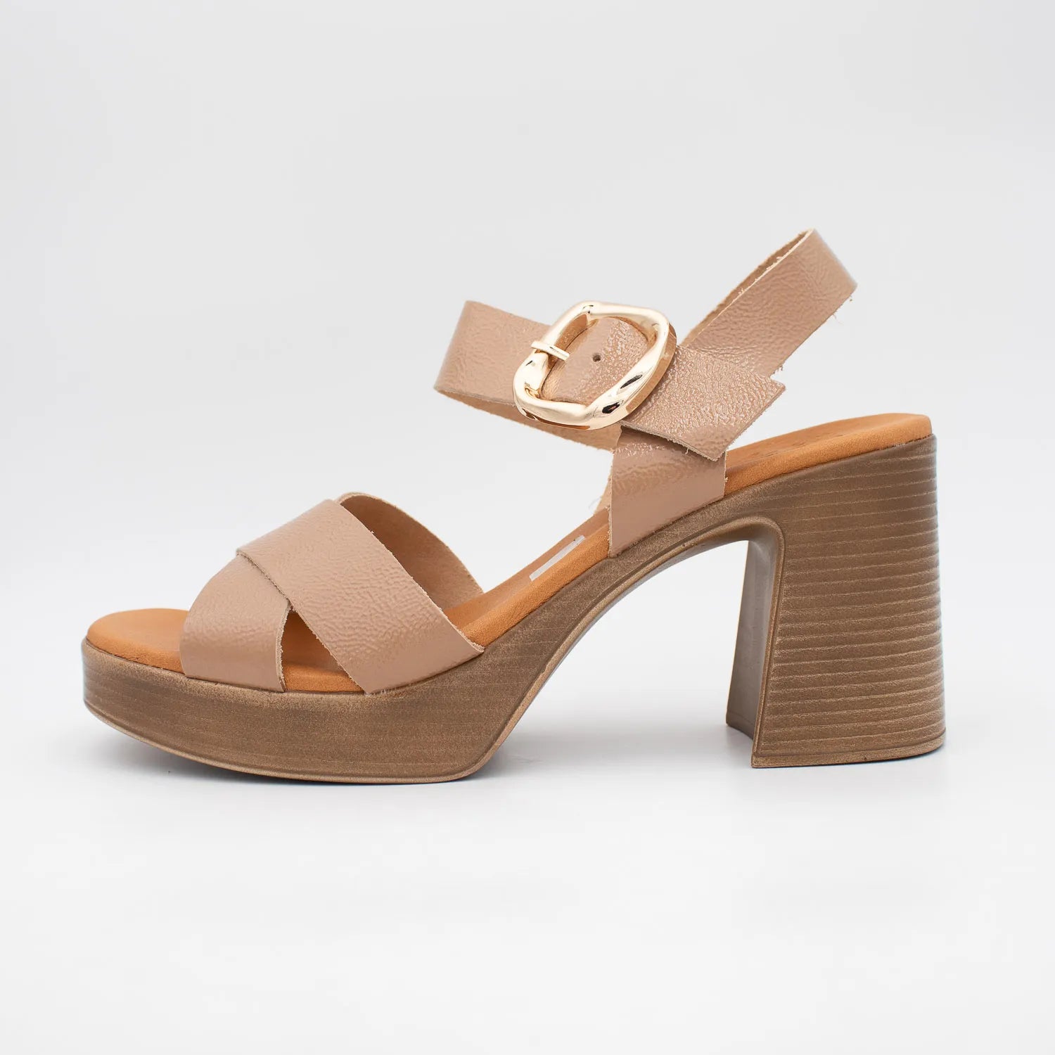 Oh! My Sandals Taupe Patent Leather Platform Sandals