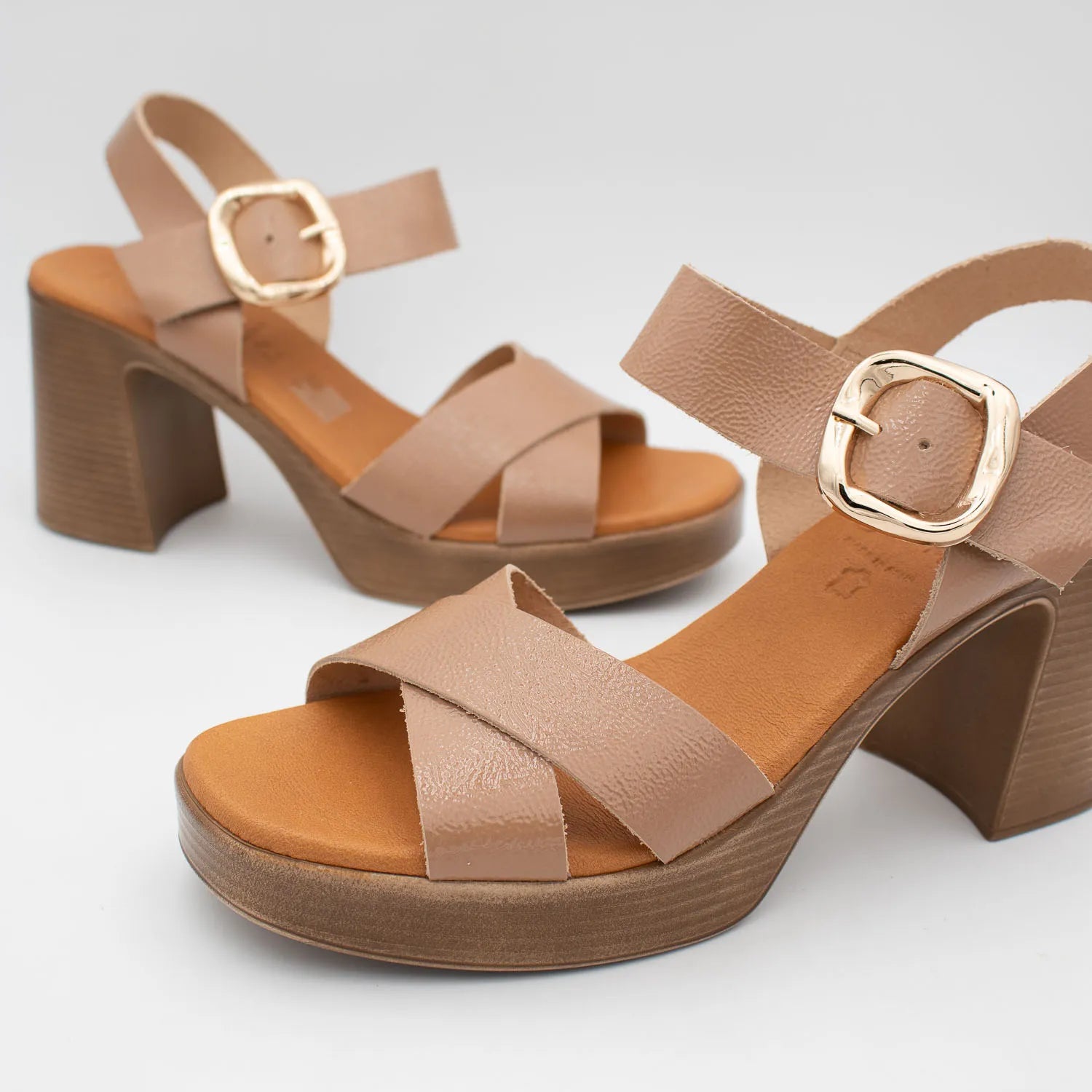 Oh! My Sandals Taupe Patent Leather Platform Sandals