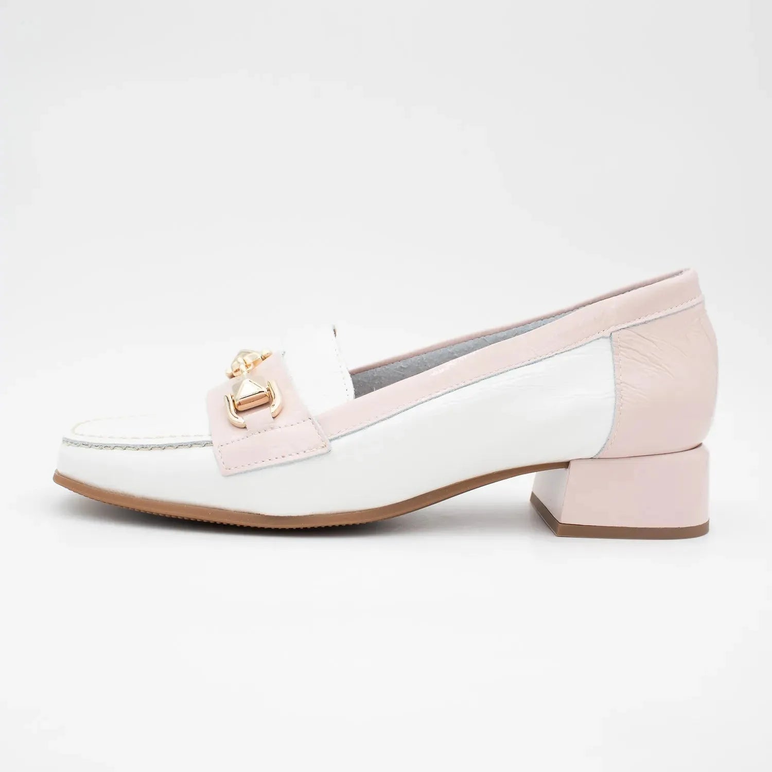 Pitillos glacial pink loafers with gold chain detail