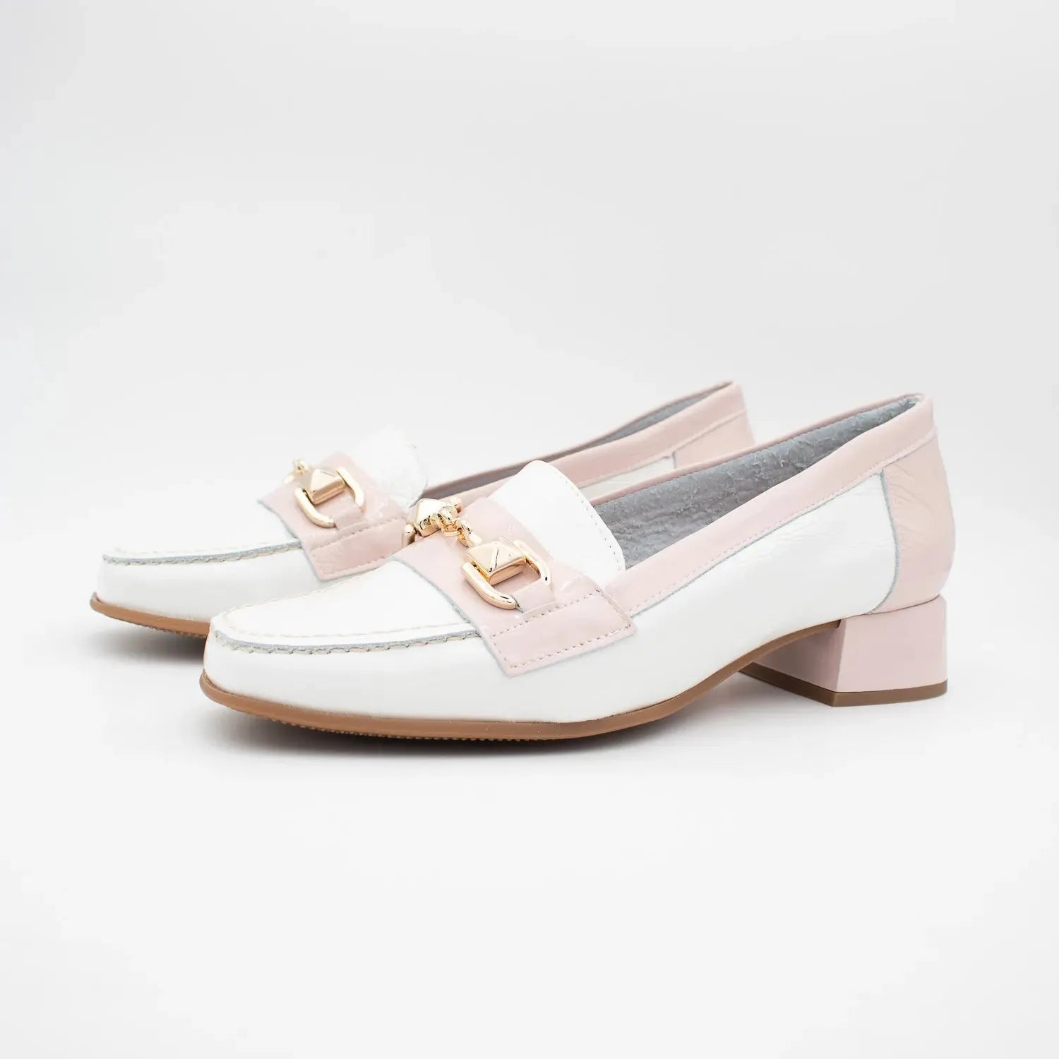 Pitillos glacial pink loafers with gold chain detail