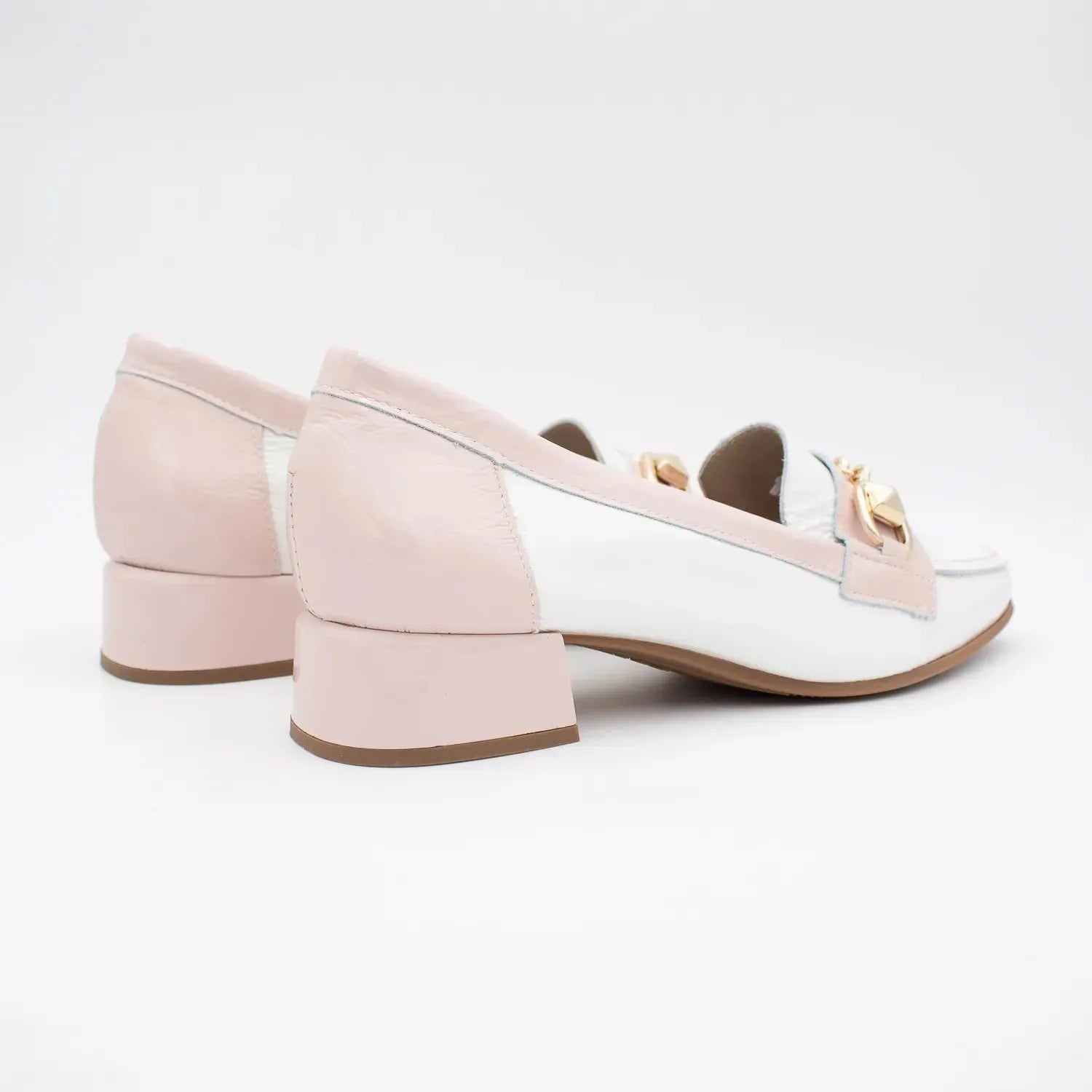 Pitillos glacial pink loafers with gold chain detail