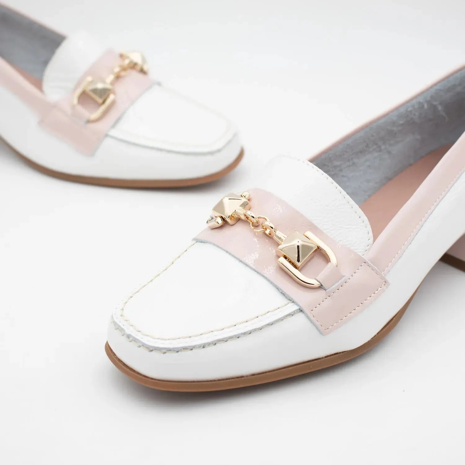 Pitillos glacial pink loafers with gold chain detail