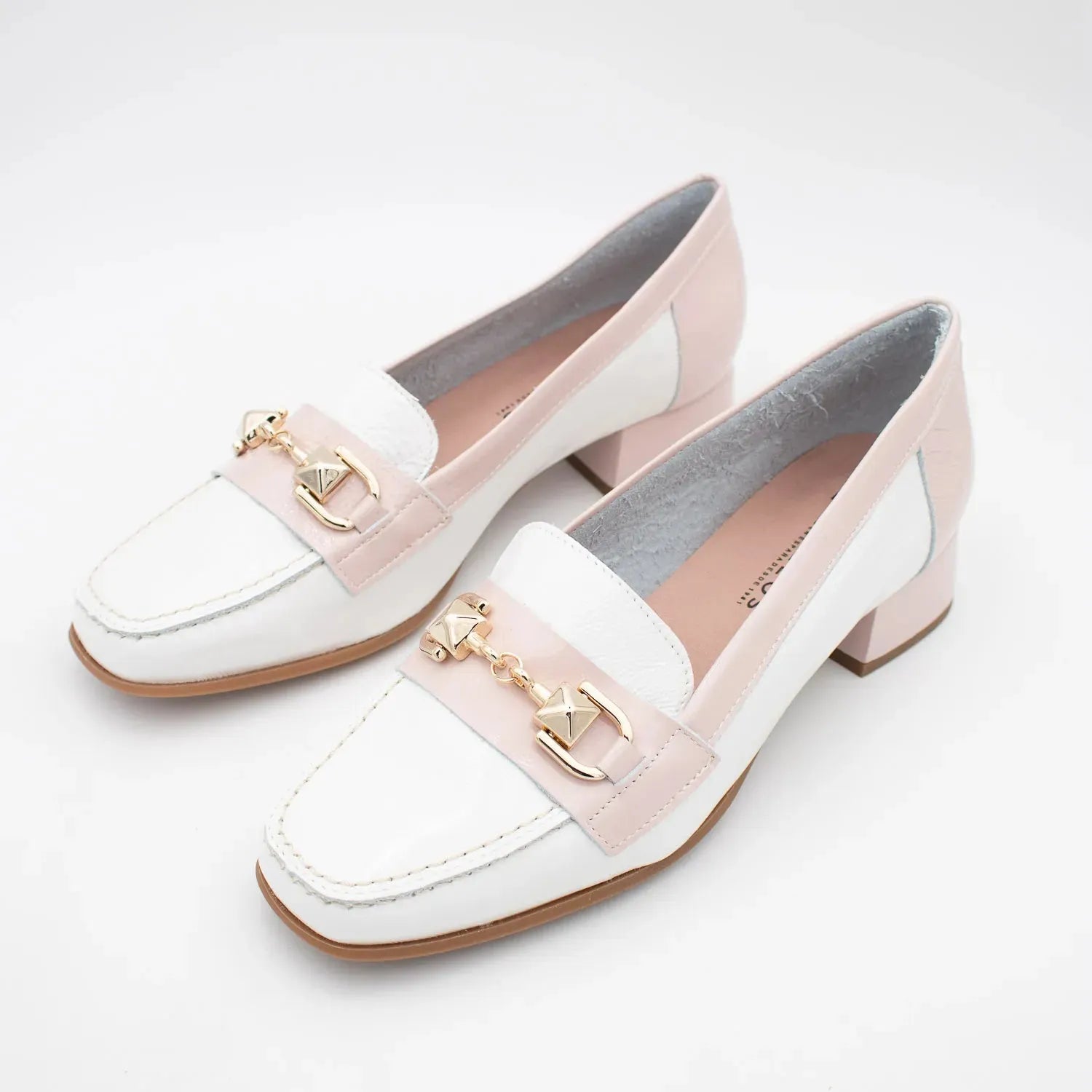 Pitillos glacial pink loafers with gold chain detail