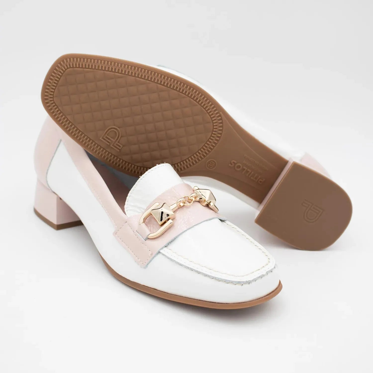 Pitillos glacial pink loafers with gold chain detail