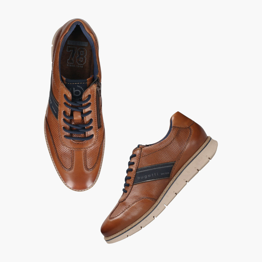 Bugatti Cognac Leather Sneakers with Zip and Perforated Detail