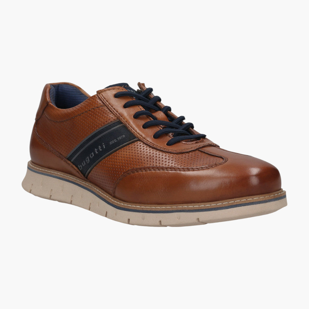 Bugatti Cognac Leather Sneakers with Zip and Perforated Detail