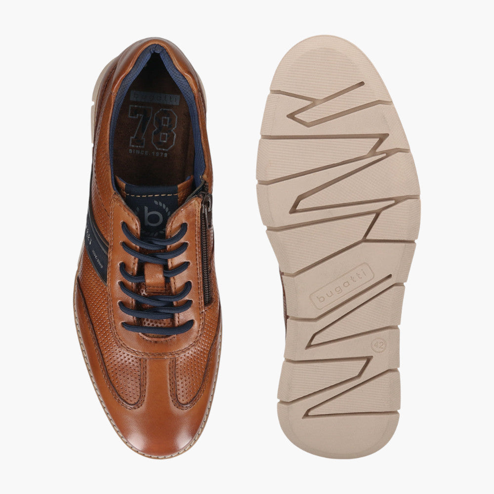 Bugatti Cognac Leather Sneakers with Zip and Perforated Detail