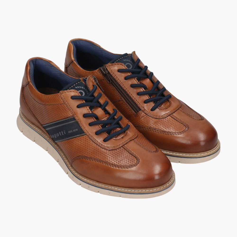 Bugatti Cognac Leather Sneakers with Zip and Perforated Detail