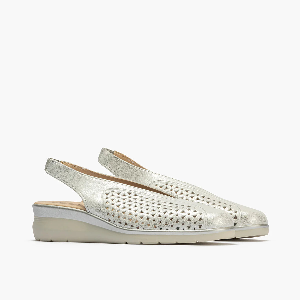 Pitillos Silver Leather Slingback Court Shoe with Wedge - Leavys Shoes