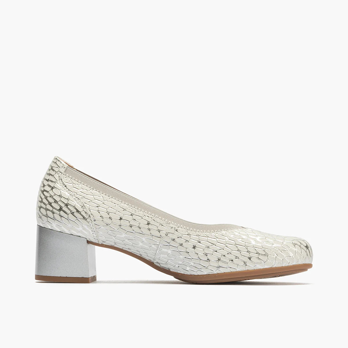 Pitillos Silver Leather Court Shoes with Block Heel - Leavys Shoes