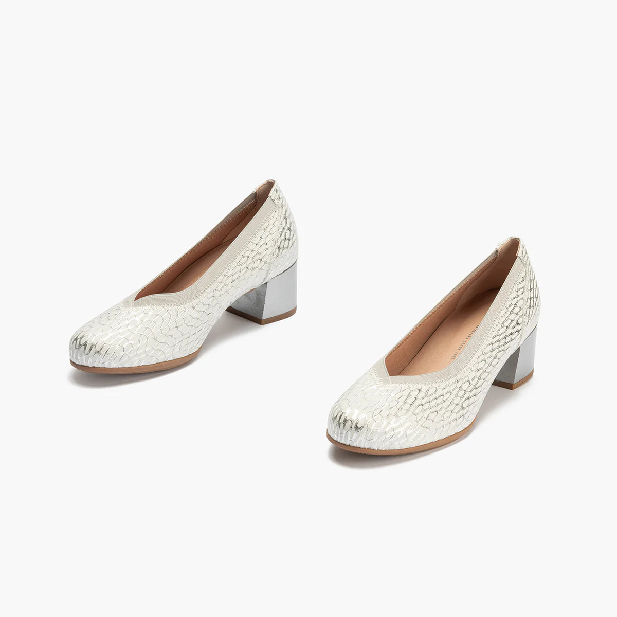 Pitillos Silver Leather Court Shoes with Block Heel - Leavys Shoes