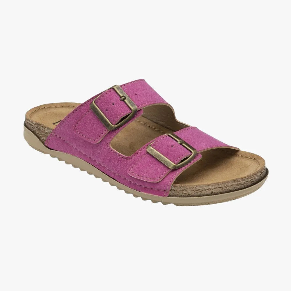 Lotus Pink Suede Mule Sandals with Buckle Fastening
