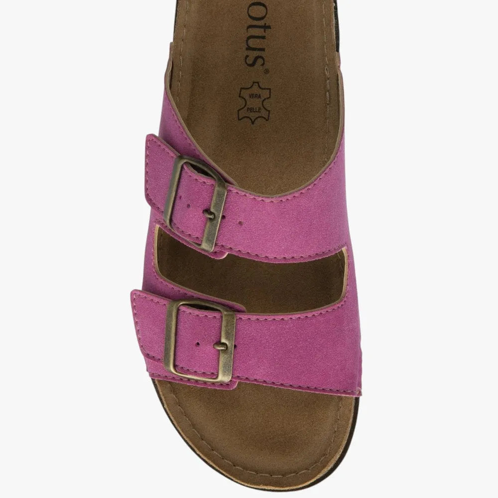 Lotus Pink Suede Mule Sandals with Buckle Fastening
