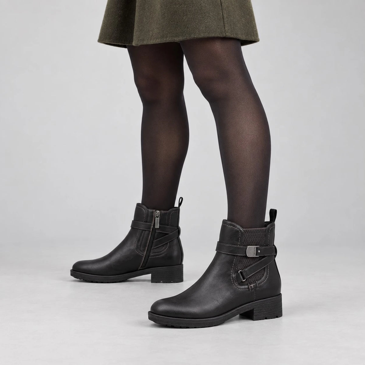 Tamaris Black Buckle Detail Low Heel Ankle Boots