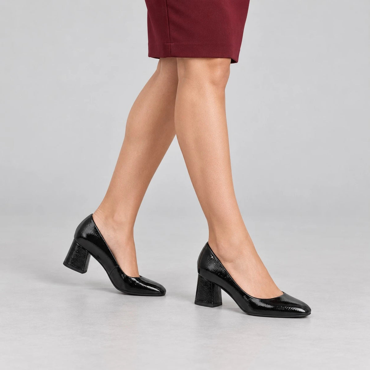 Tamaris Black Patent Block Heel Court Shoes