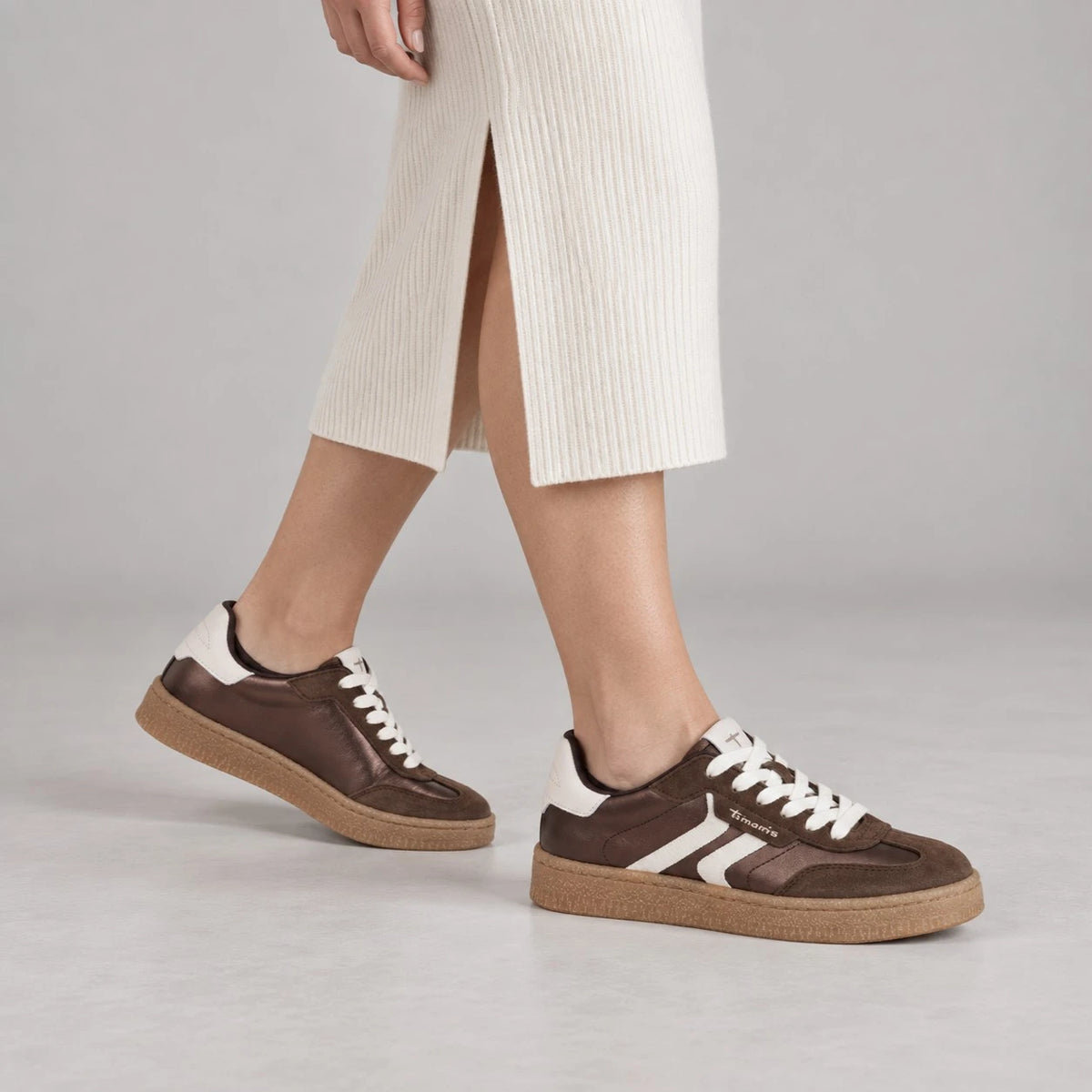 Tamaris Brown Metallic Leather Trainer