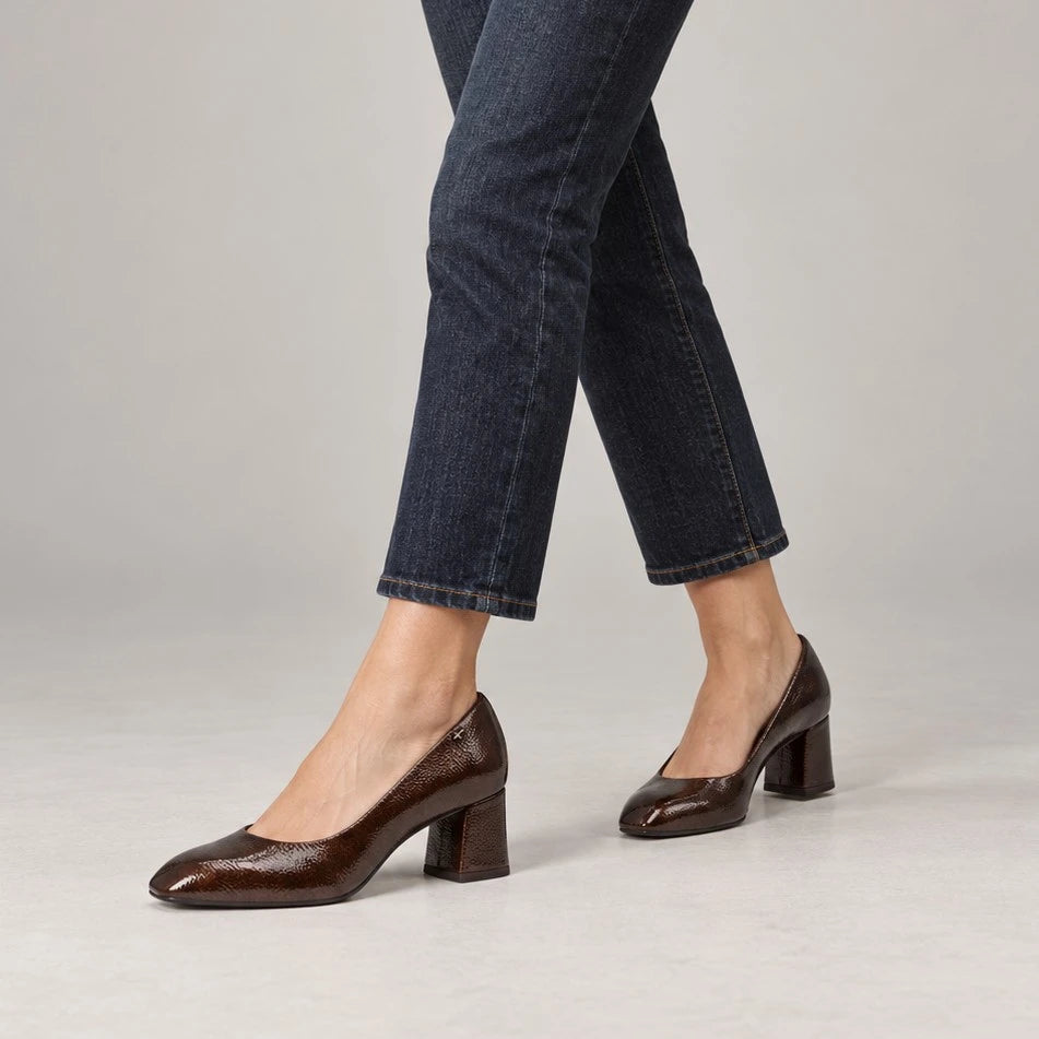 Tamaris Brown Patent Block Heel Court Shoes