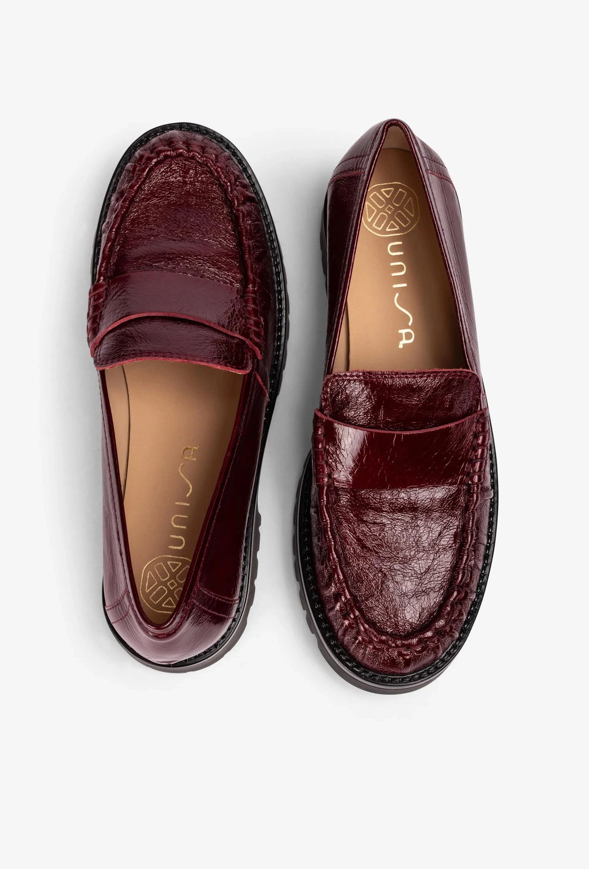 Unisa Burgundy Fijo Crinkled Patent Leather Penny Loafers