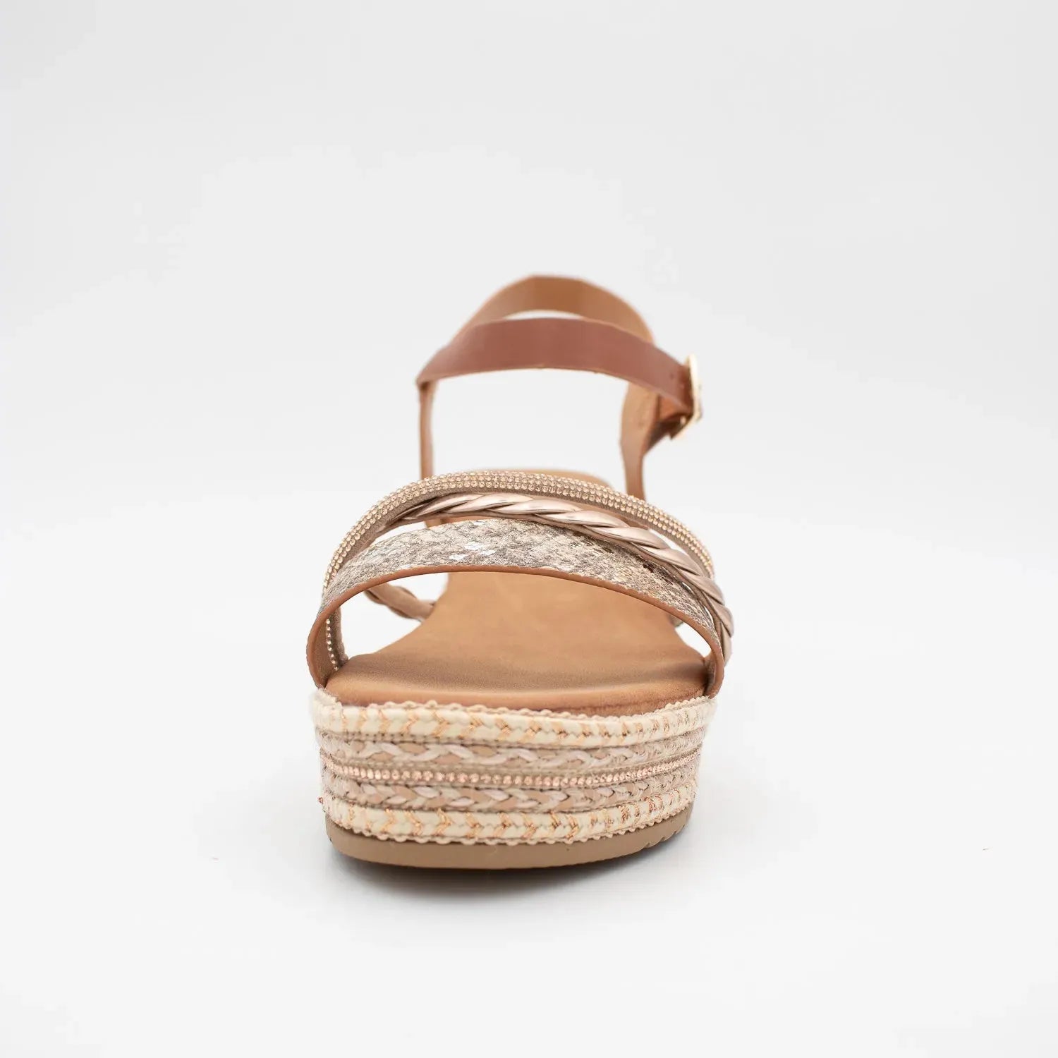 Valentino Conte Tan Wedge Sandal – Rose Gold & Reptile Detail
