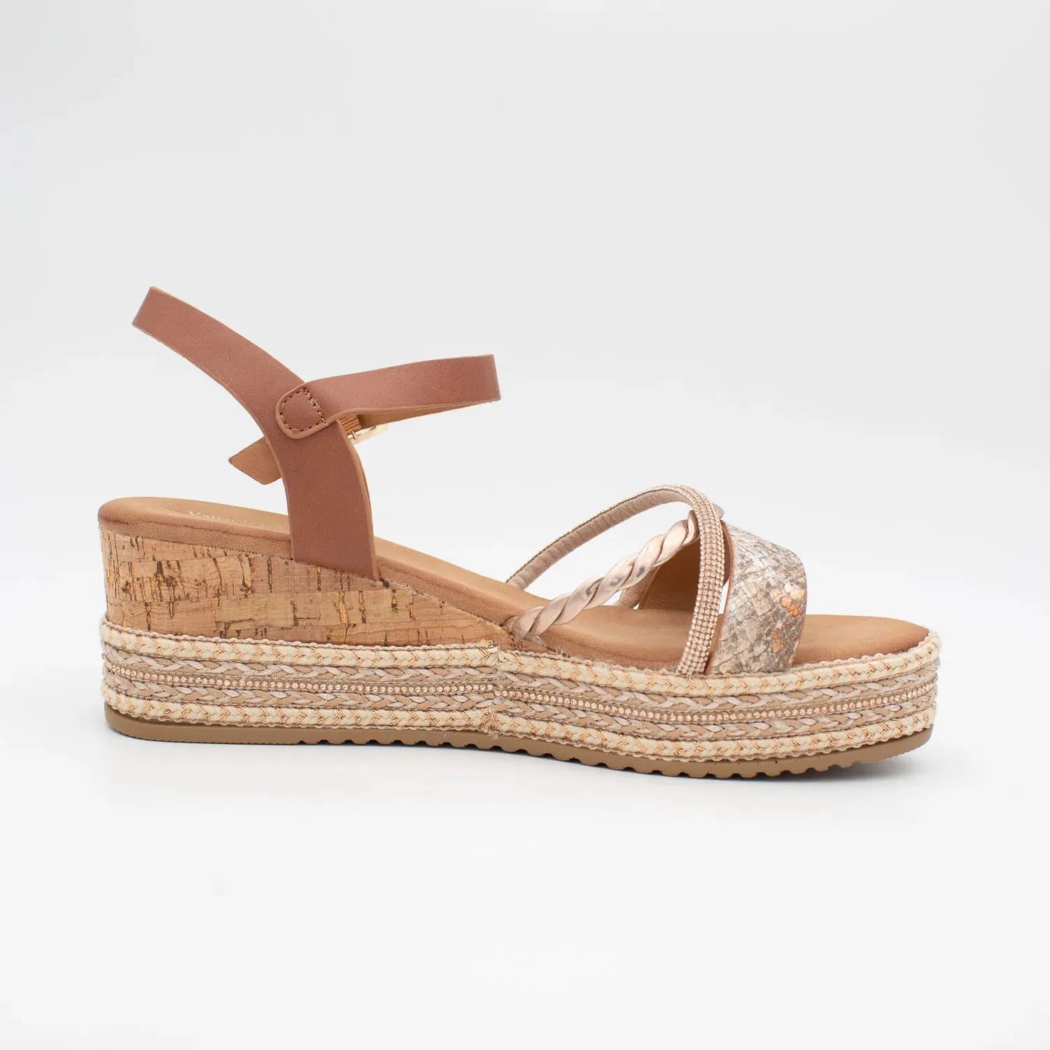 Valentino Conte Tan Wedge Sandal – Rose Gold & Reptile Detail