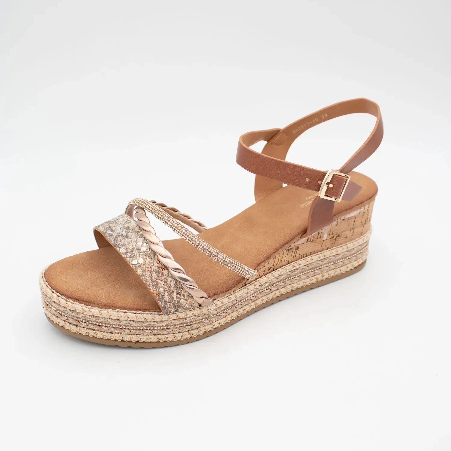 Valentino Conte Tan Wedge Sandal – Rose Gold & Reptile Detail