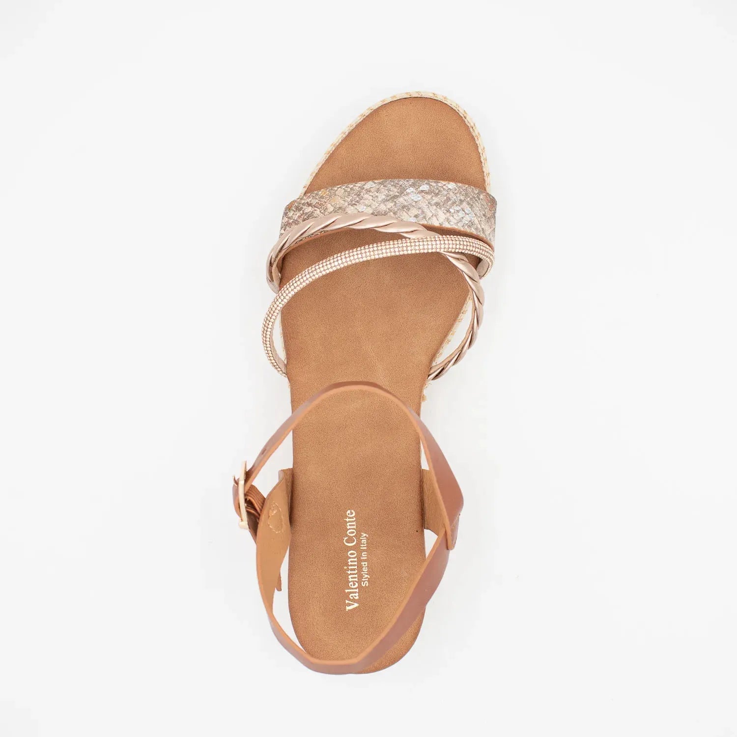 Valentino Conte Tan Wedge Sandal – Rose Gold & Reptile Detail