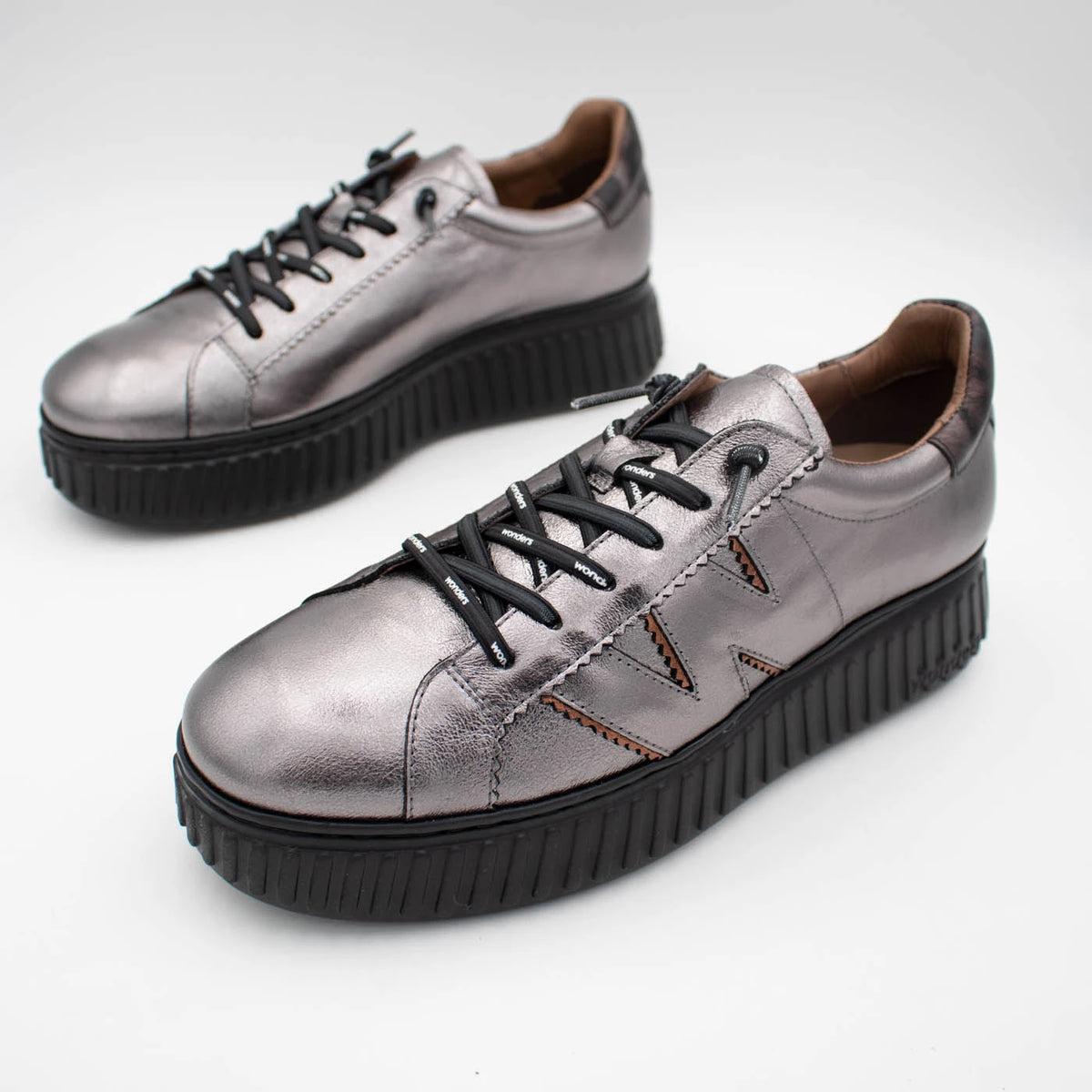 Wonders XFly Pewter & Bronze Leather Platform Trainers