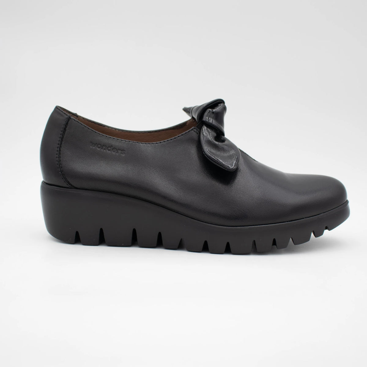 Wonders Black Leather Bow Wedge Slip-On Shoes