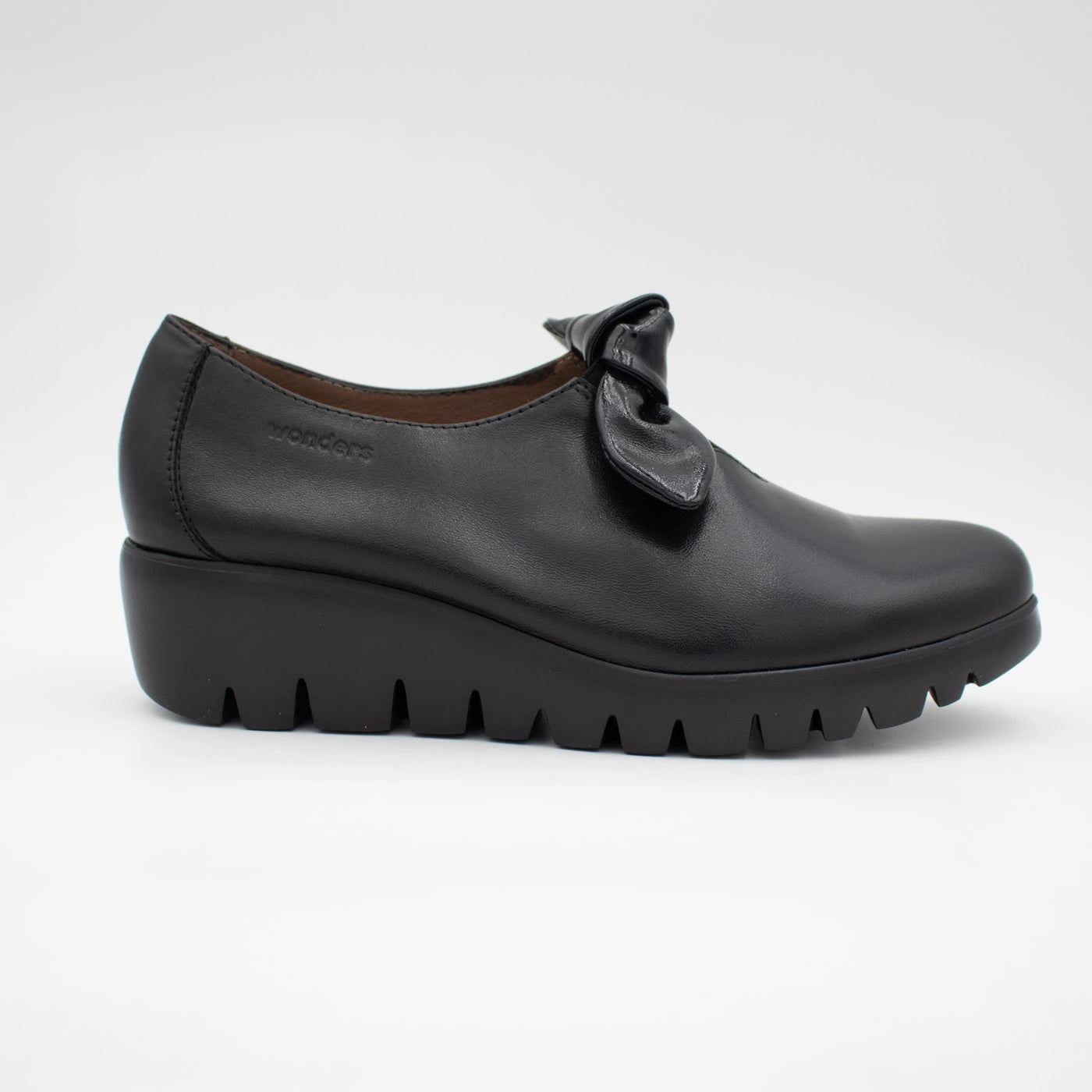 Wonders Black Leather Bow Wedge Slip-On Shoes