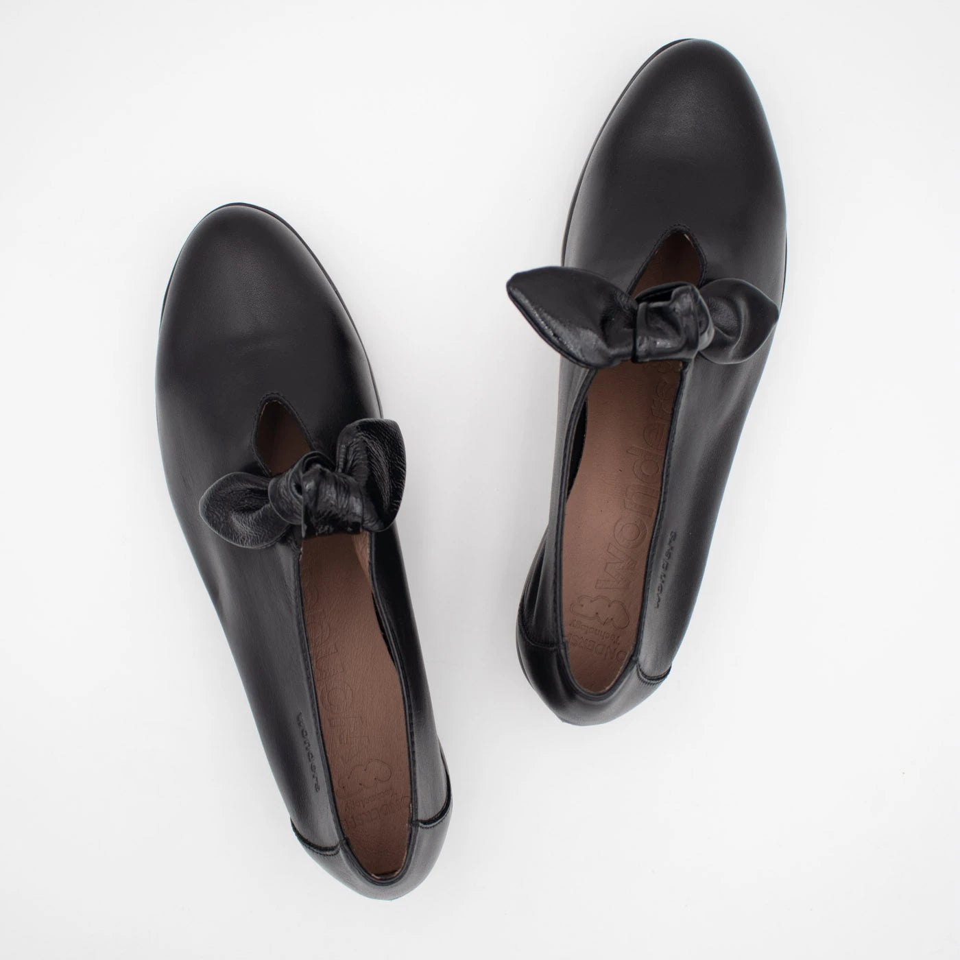 Wonders Black Leather Bow Wedge Slip-On Shoes
