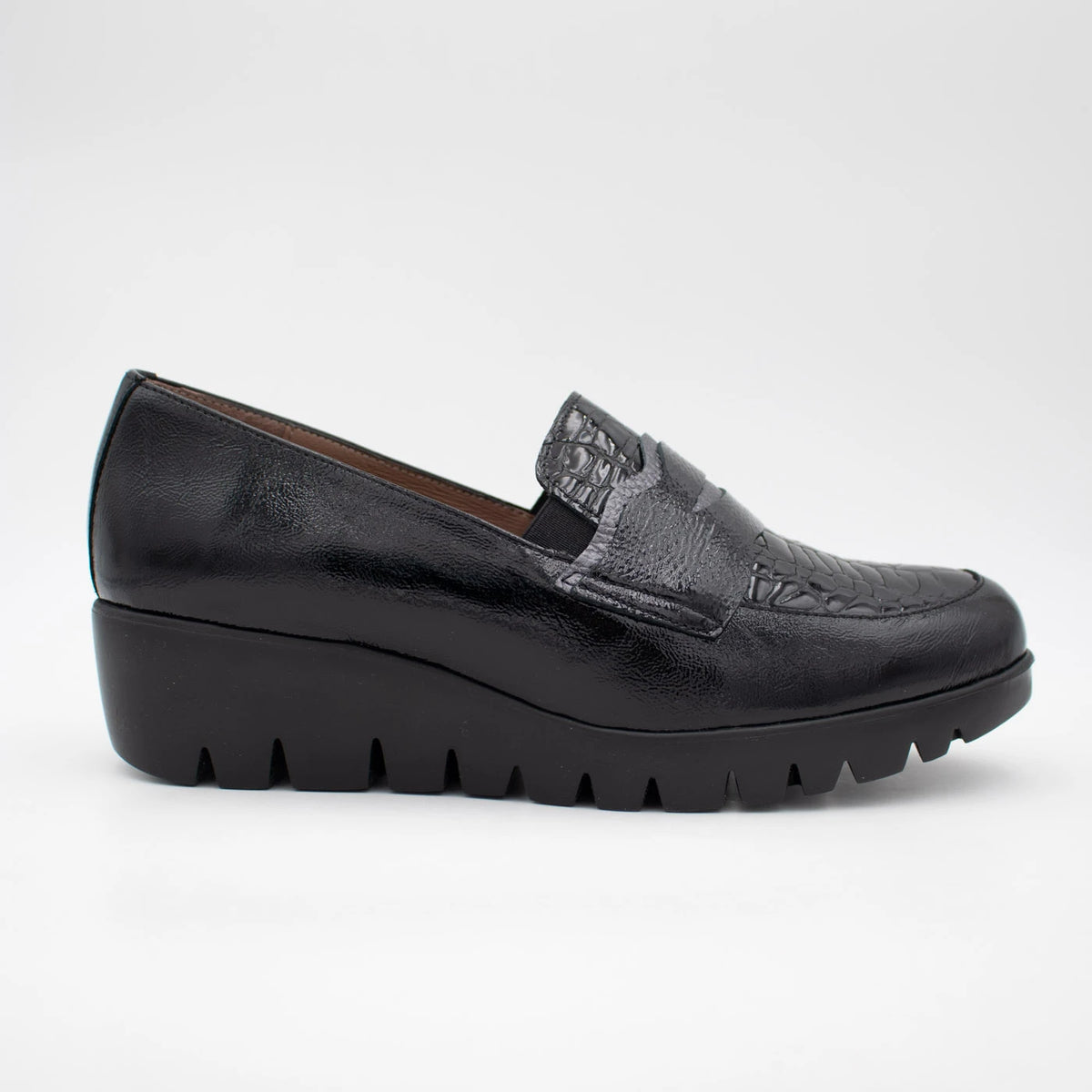 Wonders Black Patent Leather Wedge Loafers