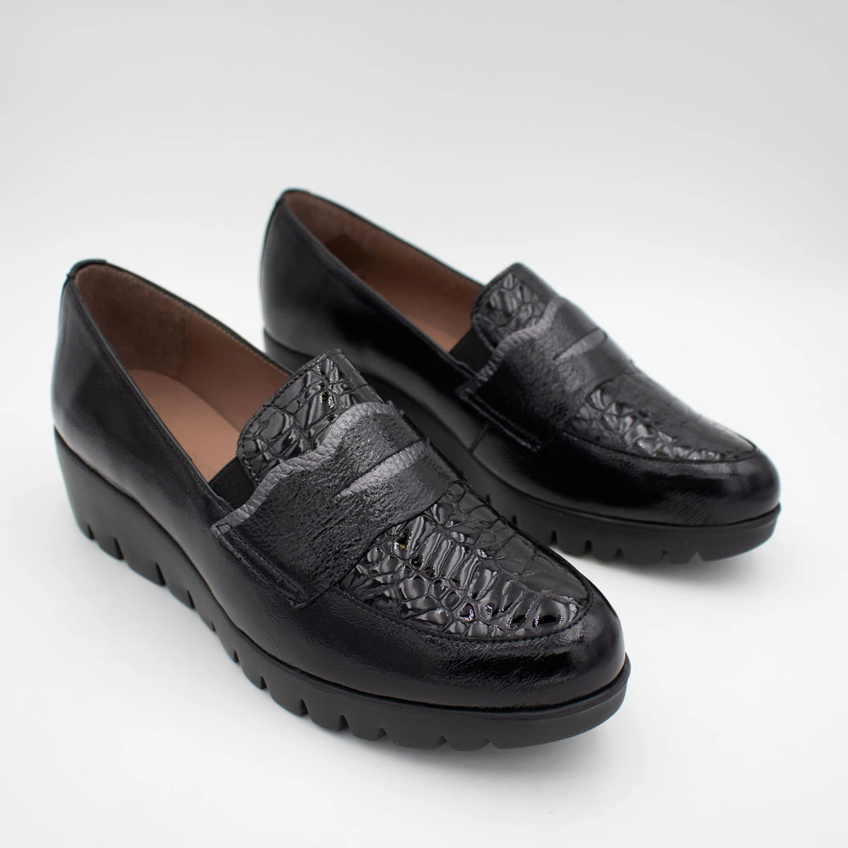 Wonders Black Patent Leather Wedge Loafers
