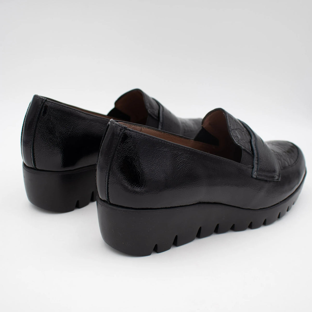 Wonders Black Patent Leather Wedge Loafers
