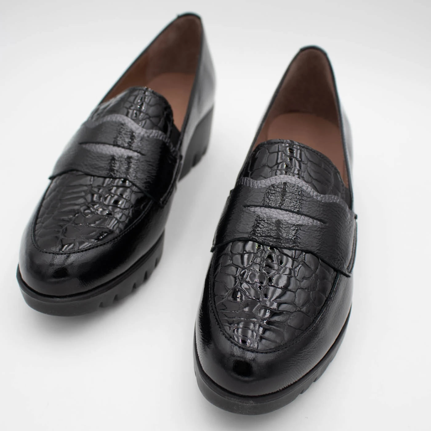 Wonders Black Patent Leather Wedge Loafers