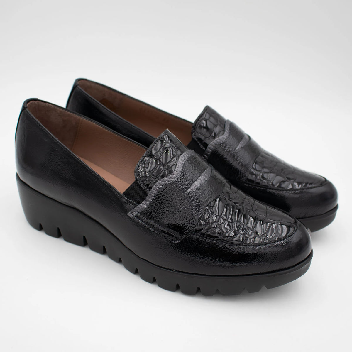 Wonders Black Patent Leather Wedge Loafers
