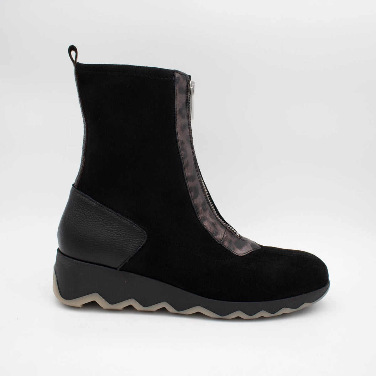 Wonders Black Suede Front Zip Wedge Ankle Boots