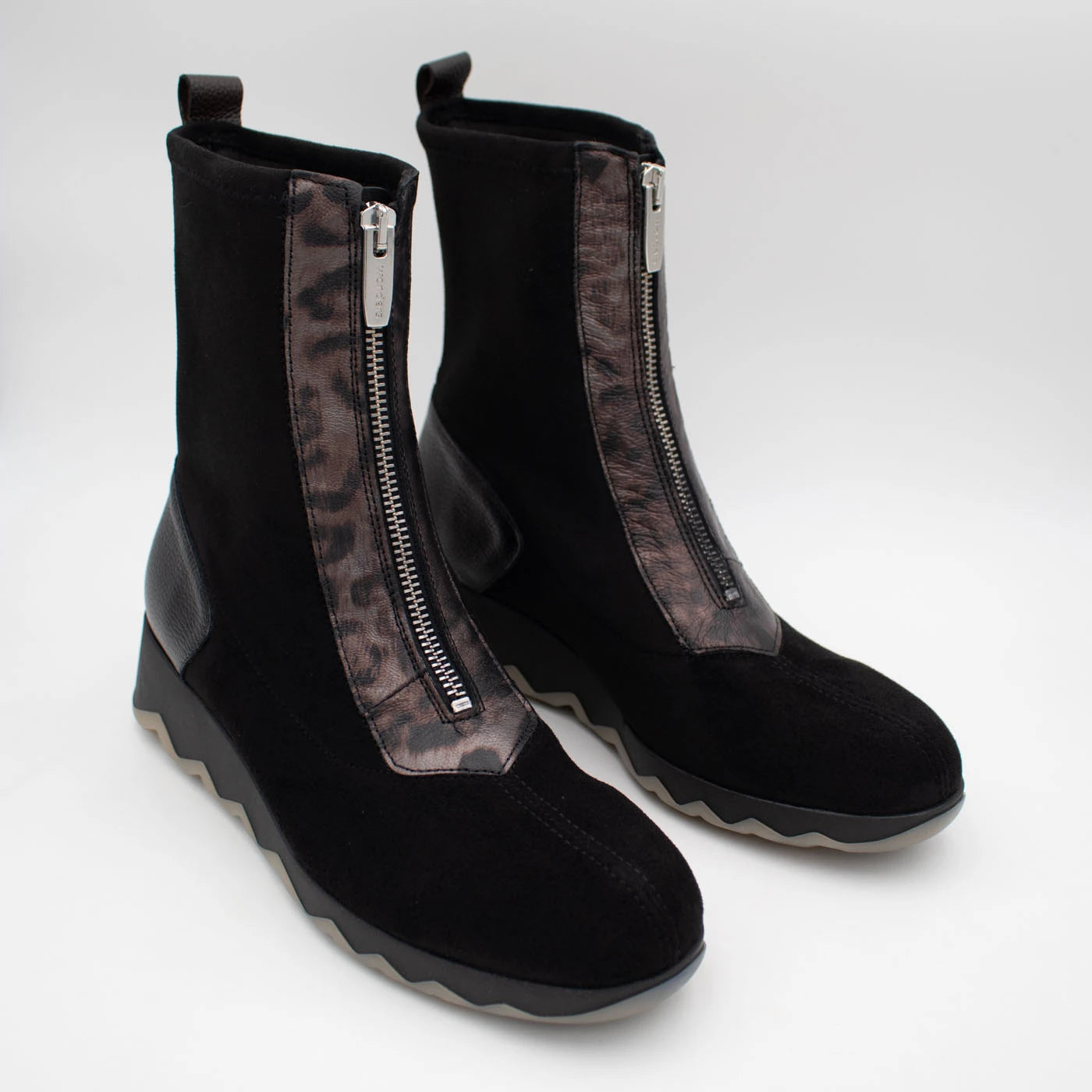 Wonders Black Suede Front Zip Wedge Ankle Boots