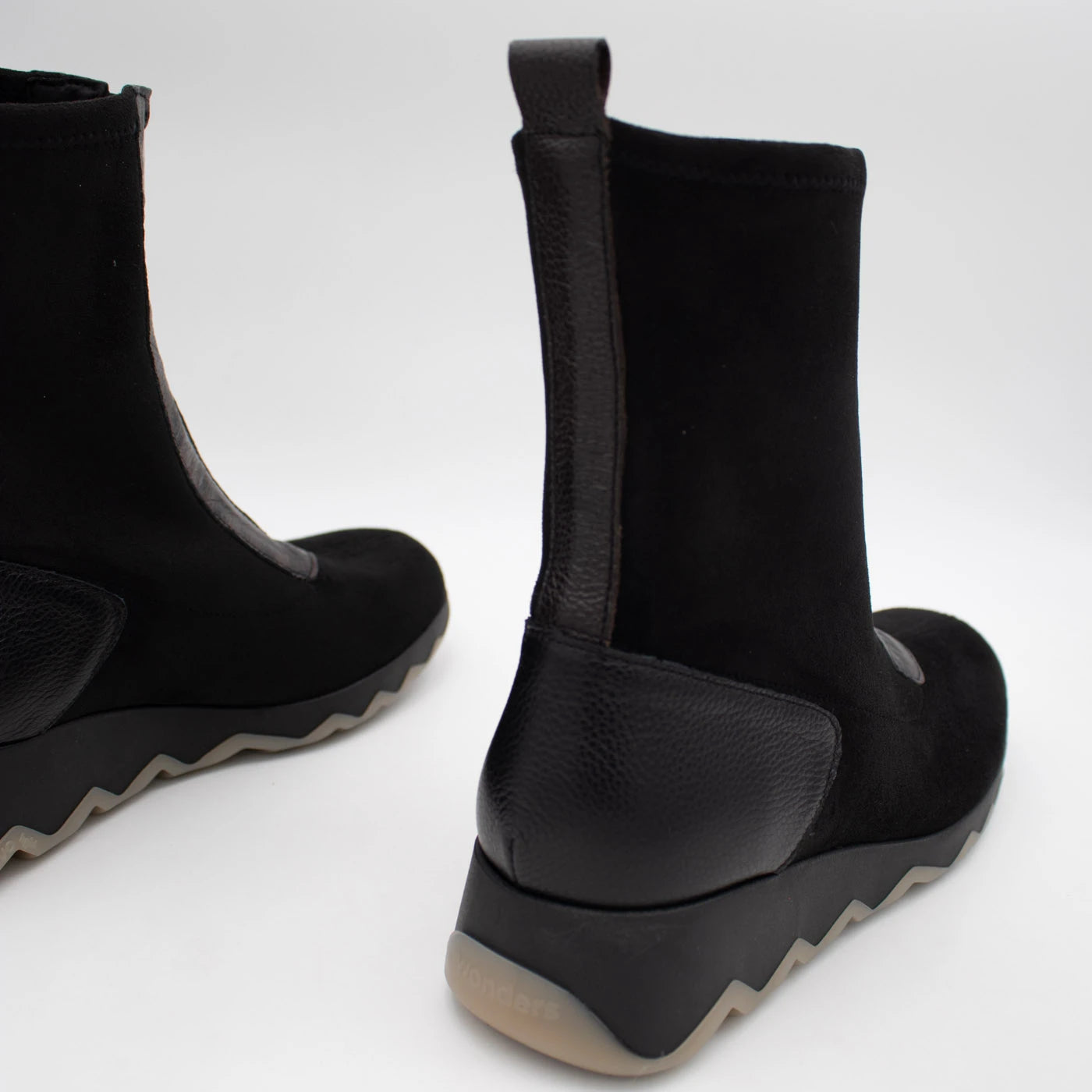Wonders Black Suede Front Zip Wedge Ankle Boots